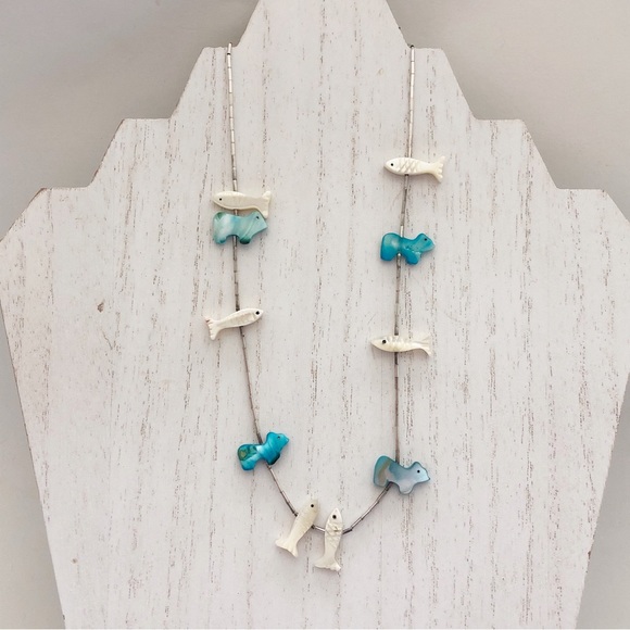 Southwestern Mother of Pearl Fish and Bear Fetish Sterling Silver Necklace - Picture 3 of 8